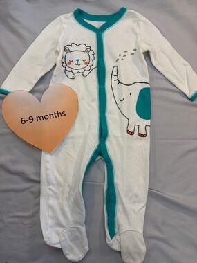 Koala Baby - White and Teal Kids One Piece Sleeper with Elephant and Lion Design